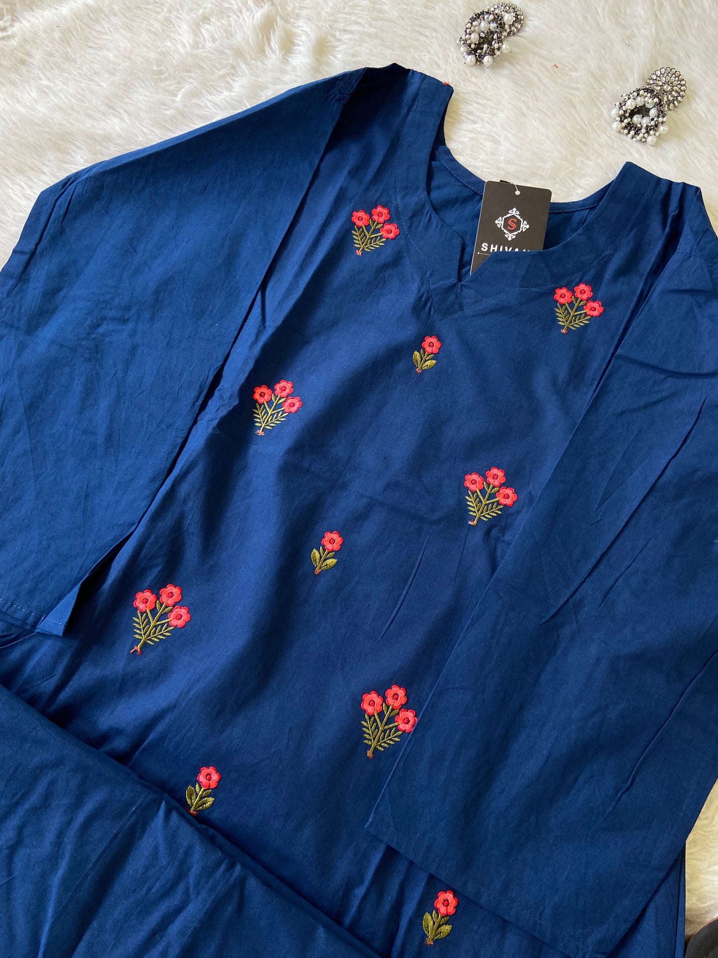 Flower Embroidery Work Aline Kurti With Plain Palazzo. Cotton Aline Kurti Sets For Women