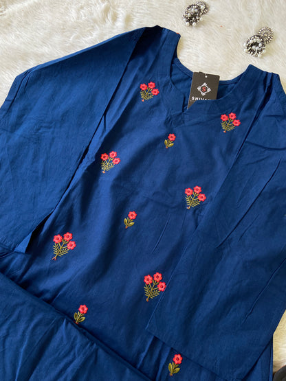 Flower Embroidery Work Aline Kurti With Plain Palazzo. Cotton Aline Kurti Sets For Women