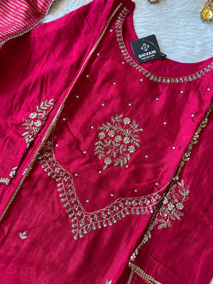 Heavy Neck Work Aline Kurti With Pant And Dupatta. Silk Suit Sets For Women Online India. Shop the Latest Festive Summer Collection at Shivani Designer Kurti.
