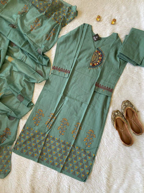 Mirror Hand Work Cotton Flex Straight Cut Kurti With Palazzo And Dupatta. Cotton Suit Sets For Women Online India. Shop the Latest Festive Summer Collection at Shivani Designer Kurti.