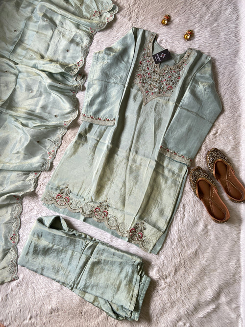 Premium Short Kurti Suit. Tissue Shimmer Short Kurti With Full Flair Palazzo And Dupatta. Silk Suit Sets For Women Online India. Shop the Latest Festive Summer Collection at Shivani Designer Kurti.