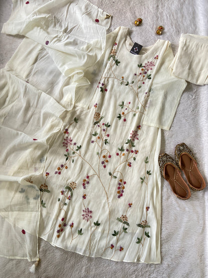 Hand Thread  Work Mul Chanderi Silk Aline Kurti (Lining Available) With Palazzo And Dupatta. Silk Suit Sets For Women Online India. Shop the Latest Festive Summer Collection at Shivani Designer Kurti.