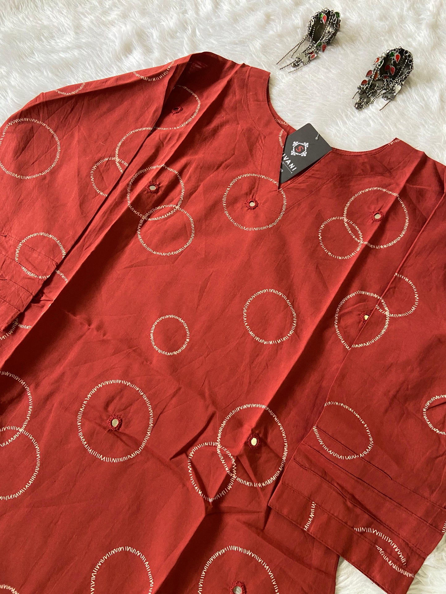 Printed Kurti With Mirror, LowCut Aline Cotton Kurti For Women