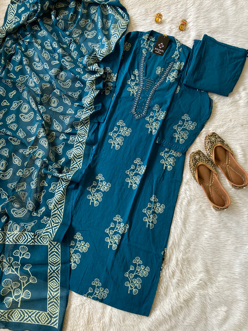 Cotton Printed kurti With Matching Pant And Dupatta, Cotton Straightcut Suit Set For Women