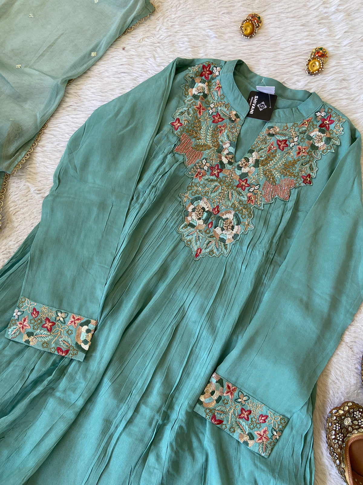 Premium Short Kurti Suit. Full Sleeve Chinnon Short Kurti With Full Flair Palazzo And Dupatta. Silk Suit Sets For Women Online India. Shop the Latest Festive Summer Collection at Shivani Designer Kurti.