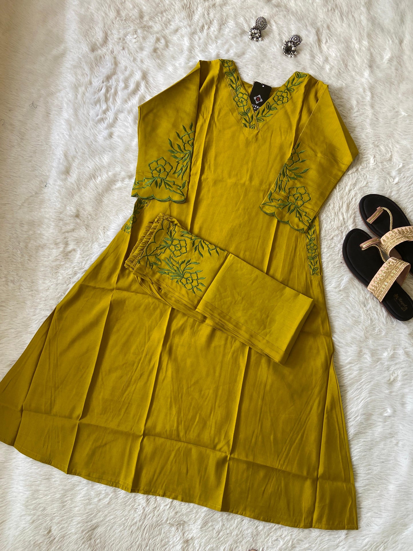 Embroidery Work In Sleeeve, Pocket And Palazzo. Silk Aline Kurti Sets For Women