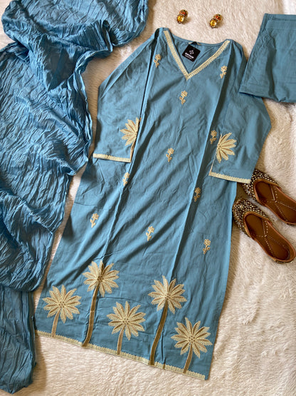 Flower Embroidery Work Cotton Straight Kurti, Pant And Dupatta. Cotton Suit Sets For Women Online India. Shop the Latest Festive Summer Collection at Shivani Designer Kurti.