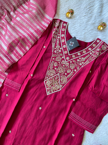 Handwork Straight Silk Kurti With Pant And Dupatta. Silk Suit Sets For Women Online India. Shop the Latest Festive Summer Collection at Shivani Designer Kurti.