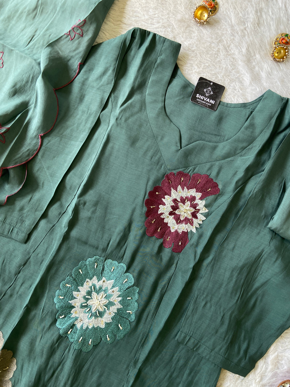 Beautiful Flower Embroidery Work In Aline Kurti With Semi Palazzo And Dupatta. Silk Suit Sets For Women Online India. Shop the Latest Festive Summer Collection at Shivani Designer Kurti.