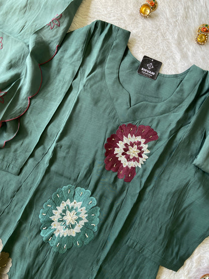 Beautiful Flower Embroidery Work In Aline Kurti With Semi Palazzo And Dupatta. Silk Suit Sets For Women Online India. Shop the Latest Festive Summer Collection at Shivani Designer Kurti.