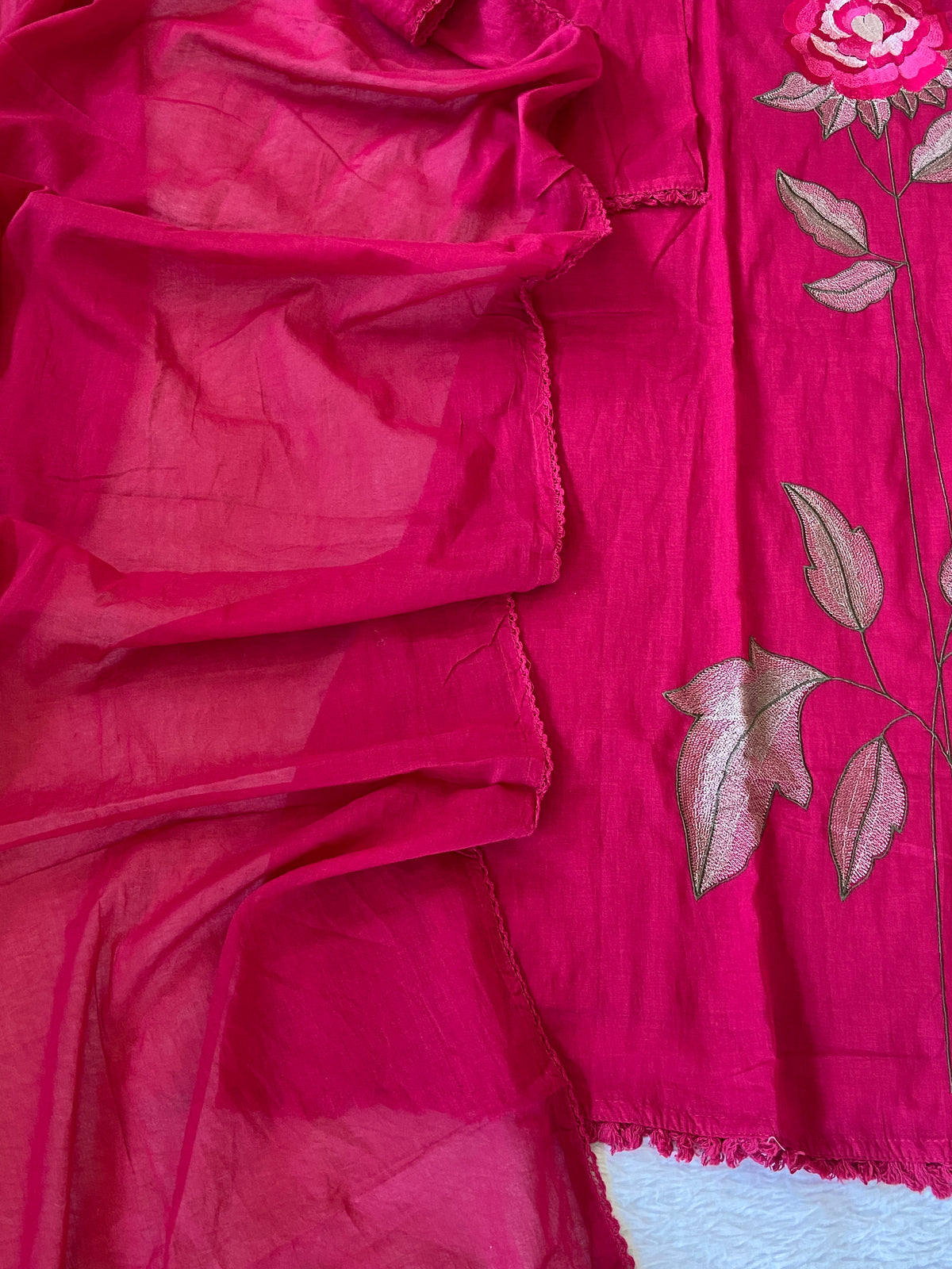 Flower Embroidery Work Cotton Aline Kurti, Pant And Dupatta. Cotton Suit Sets For Women Online India. Shop the Latest Festive Summer Collection at Shivani Designer Kurti.