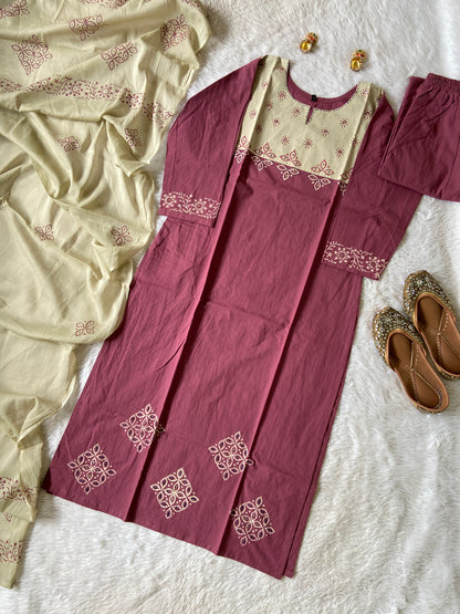 Patch Work In Neck, Cotton Straight Kurti With Palazzo And Dupatta (Gamthi Pair). Cotton Suit Sets For Women Online India. Shop the Latest Festive Summer Collection at Shivani Designer Kurti.