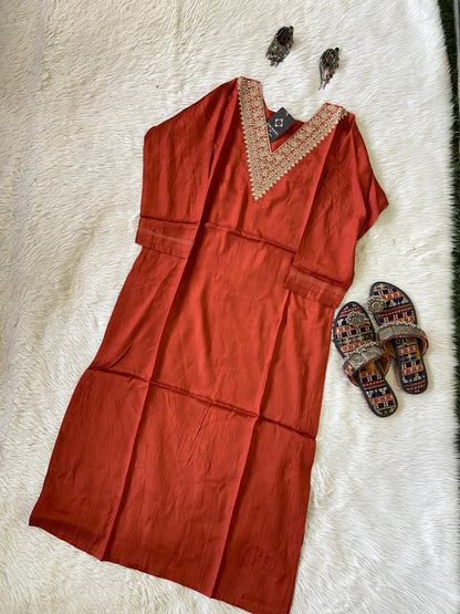 Golden Embroidery Work In VNeck, Silk StraightCut Kurti For Women