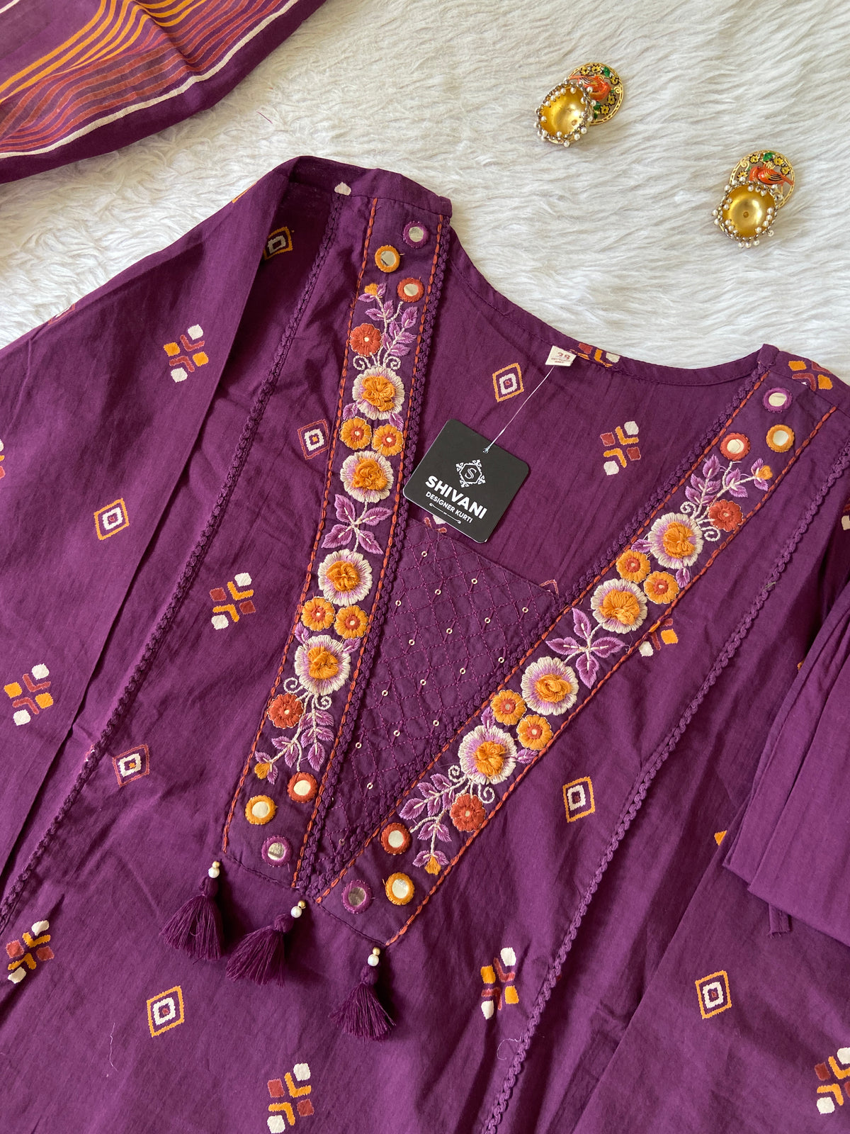 V-Neck Style, Embroidery Work Cotton Straight Cut Kurti With Pant And Dupatta. Cotton Suit Sets For Women Online India. Shop the Latest Festive Summer Collection at Shivani Designer Kurti.