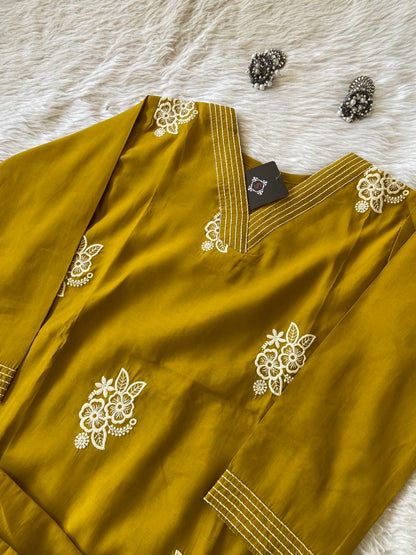 Embroidery Work In Aline Kurti With Matching Palazzo, Silk Aline Kurti Sets For Women