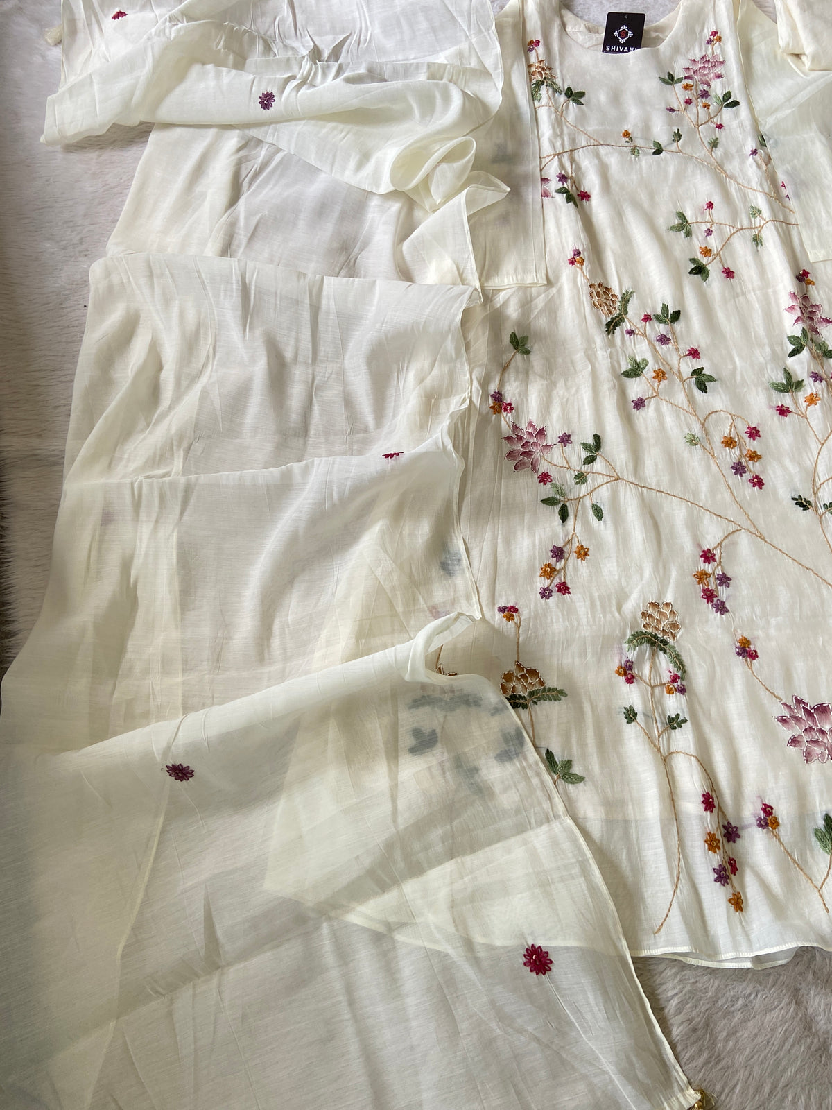 Hand Thread  Work Mul Chanderi Silk Aline Kurti (Lining Available) With Palazzo And Dupatta. Silk Suit Sets For Women Online India. Shop the Latest Festive Summer Collection at Shivani Designer Kurti.