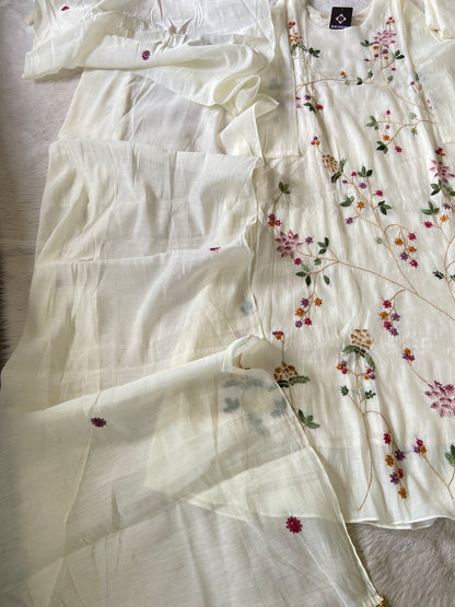 Hand Thread  Work Mul Chanderi Silk Aline Kurti (Lining Available) With Palazzo And Dupatta. Silk Suit Sets For Women Online India. Shop the Latest Festive Summer Collection at Shivani Designer Kurti.