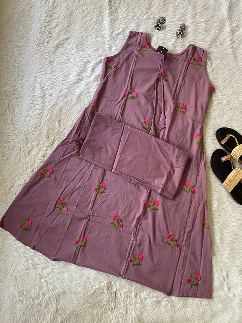 Sleeveless Cotton Aline Kurti With Flower Embroidery Work With Plain Full Flair Palazzo . Cotton Aline Kurti Sets For Women