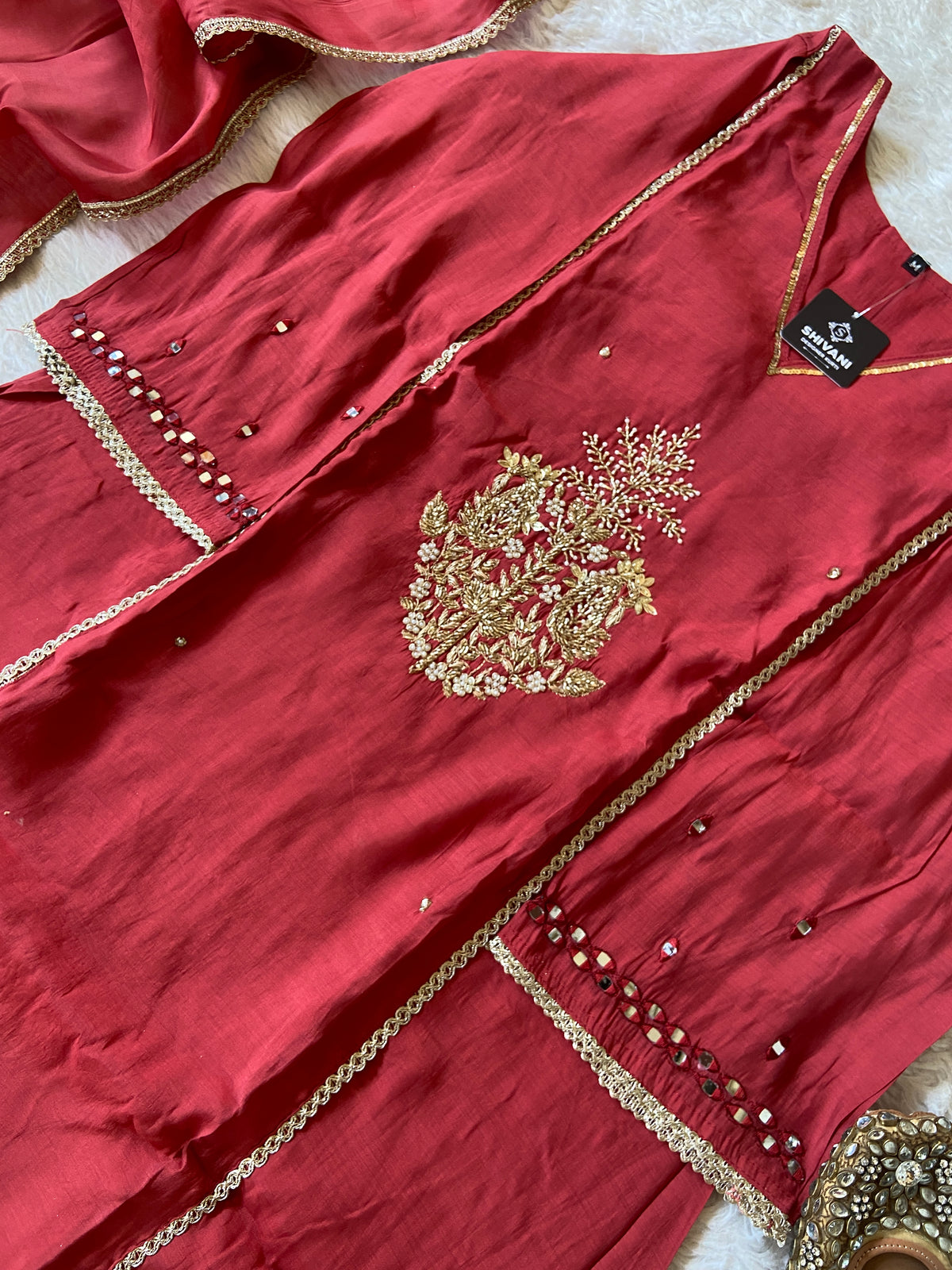 Mirror Work In Sleeve Mul Chanderi ALine Kurti With Semi Palazzo And Dupatta. Silk Suit Sets For Women Online India. Shop the Latest Festive Summer Collection at Shivani Designer Kurti.