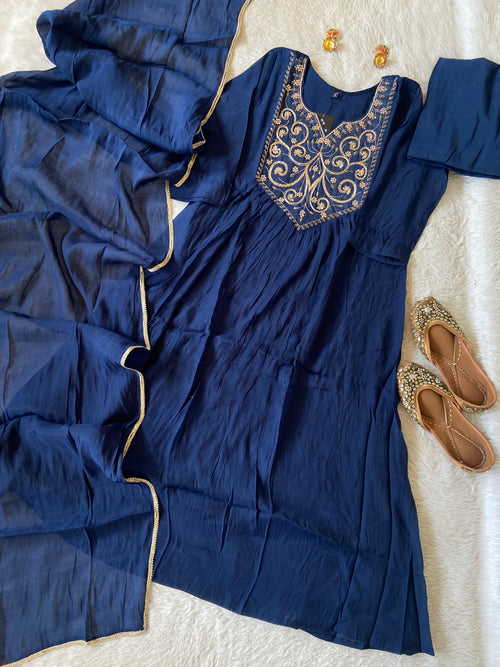 Embroidery Work Mul Chanderi ALine Kurti With Semi Palazzo And Dupatta. Silk Suit Sets For Women Online India. Shop the Latest Festive Summer Collection at Shivani Designer Kurti.