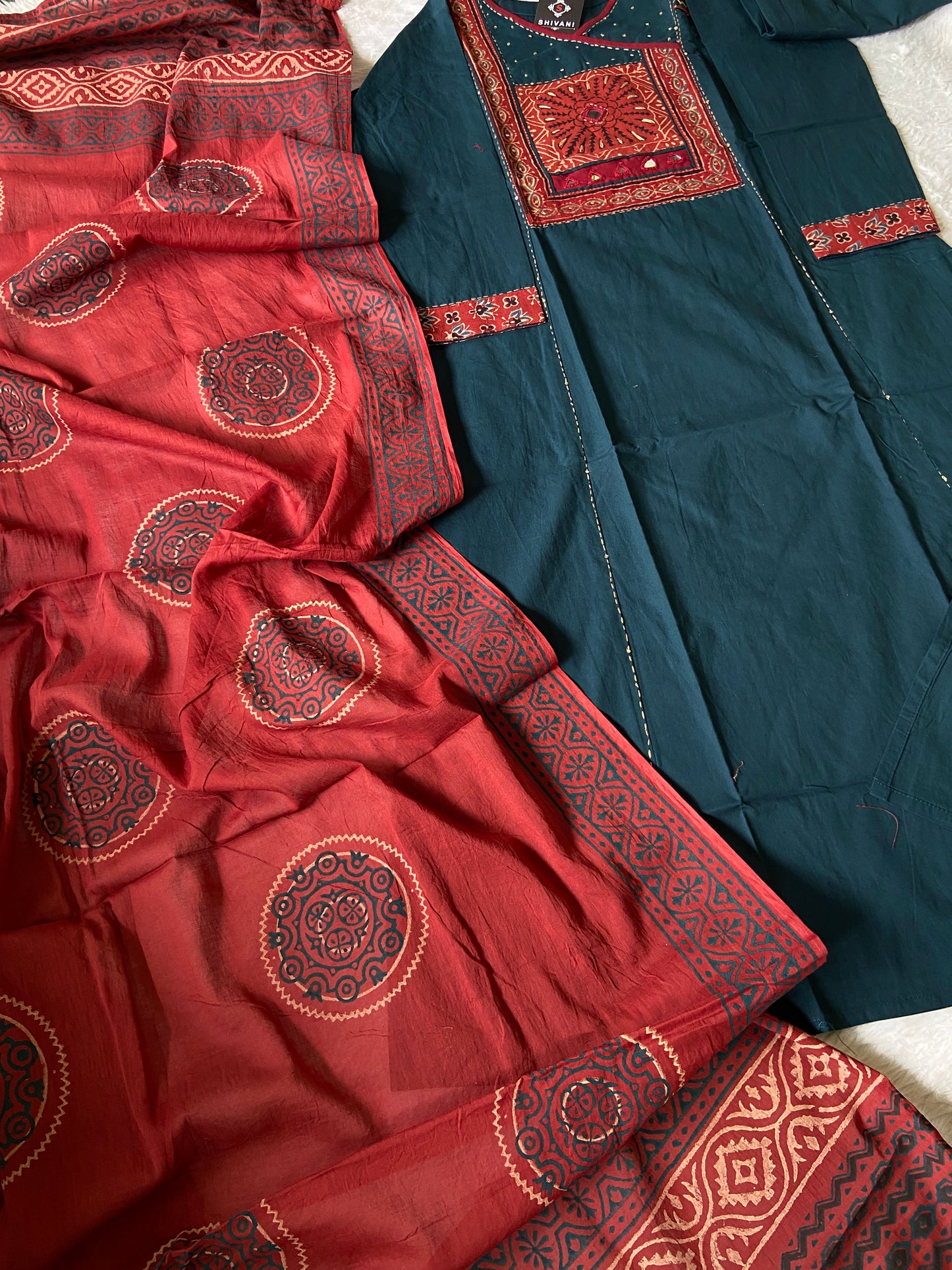 Patchwork And Mirrorwork In Neck, Cotton Aline Kurti With Pant And Dupatta (Gamthi Pair). Cotton Suit Sets For Women Online India. Shop the Latest Festive Summer Collection at Shivani Designer Kurti.