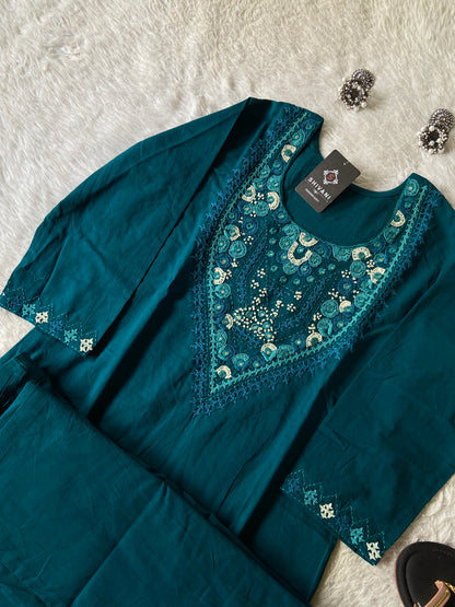 Handwork in Neck Cotton Straight Kurti With Palazzo. Cotton Straight Kurti Sets For Women Online India. Shop the Latest Festive Summer Collection at Shivani Designer Kurti.