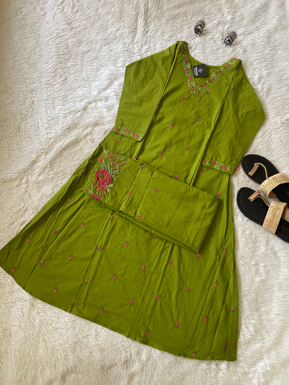 Flower Embroidery Work Cotton Aline Kurti With Palazzo. Cotton Kurti Sets For Women Online India. Shop the Latest Festive Summer Collection at Shivani Designer Kurti.