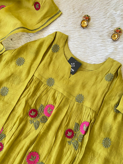 Flower Embroidery Work Coral Silk Aline Kurti With Palazzo And Dupatta. Silk Suit Sets For Women Online India. Shop the Latest Festive Summer Collection at Shivani Designer Kurti.