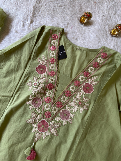 Embroidery Work Cotton Aline Kurti, Pant And Dupatta. Cotton Suit Sets For Women Online India. Shop the Latest Festive Summer Collection at Shivani Designer Kurti.