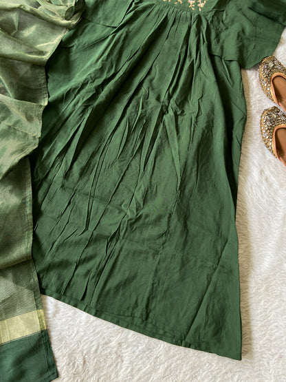 Hand Work Neck, Jamdani Silk Aline Kurti With Palazzo And Dupatta. Silk Suit Sets For Women Online India. Shop the Latest Festive Summer Collection at Shivani Designer Kurti.