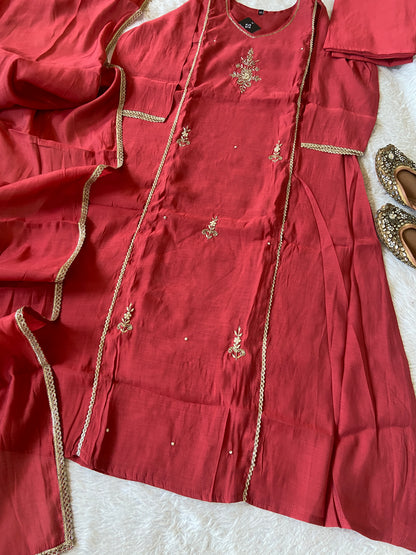HandWork Work Mul Chanderi ALine Kurti With Semi Palazzo And Dupatta. Silk Suit Sets For Women Online India. Shop the Latest Festive Summer Collection at Shivani Designer Kurti.