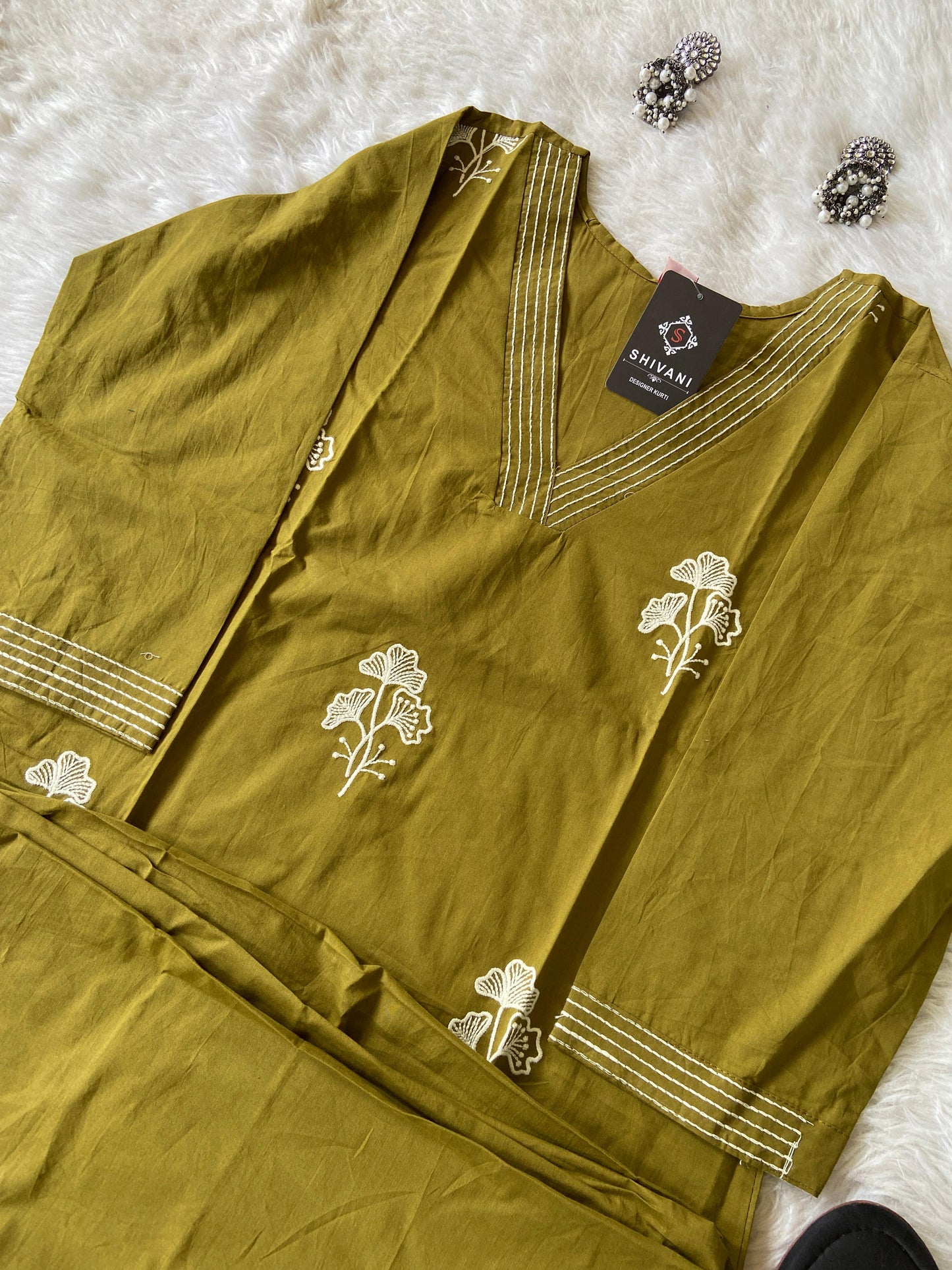 Beautiful Embroidery Work, VNeck Aline Kurti With Palazzo. Cotton Aline Kurti Sets For Women.