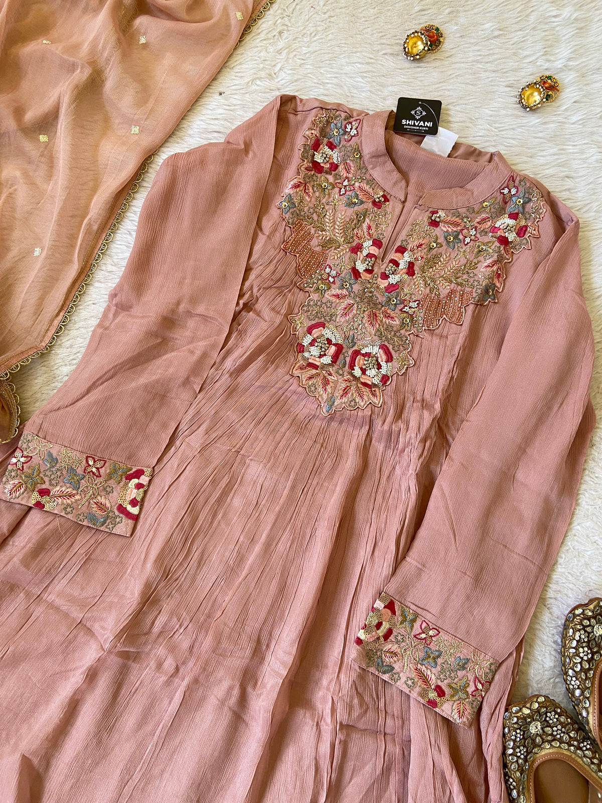 Premium Short Kurti Suit. Full Sleeve Chinnon Short Kurti With Full Flair Palazzo And Dupatta. Silk Suit Sets For Women Online India. Shop the Latest Festive Summer Collection at Shivani Designer Kurti.