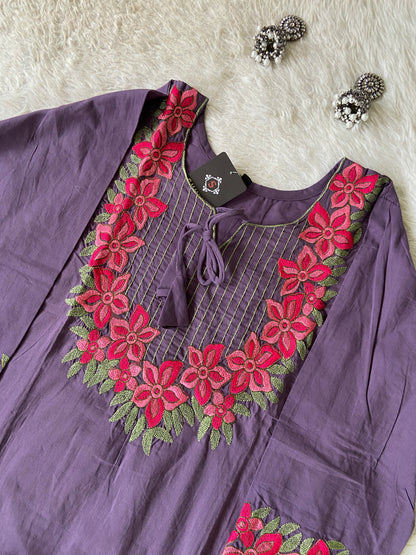 Embroidery Work Cotton Aline Kurti And Palazzo. Cotton Aline Kurti Sets For Women Online India. Shop the Latest Festive Summer Collection at Shivani Designer Kurti.