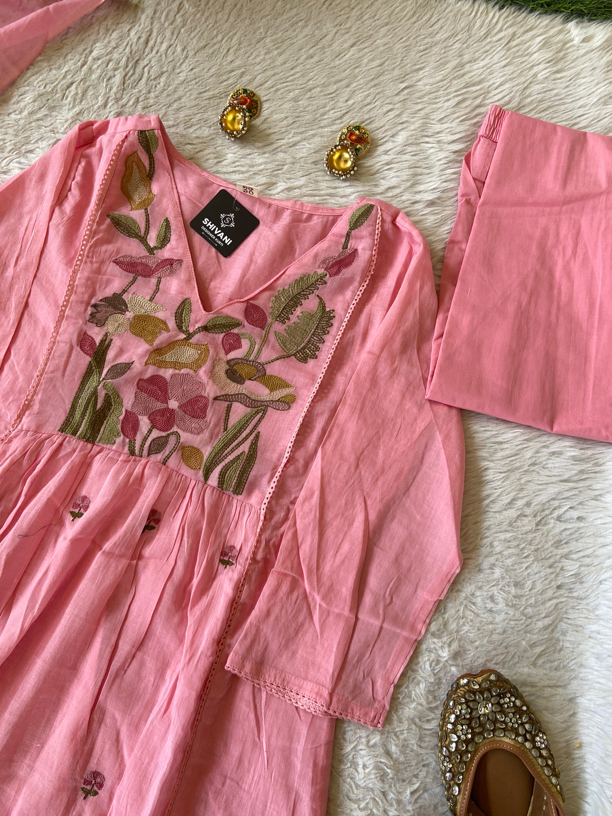 Flower Embroidery Work Cotton Aline Kurti, Pant And Dupatta. Cotton Suit Sets For Women Online India. Shop the Latest Festive Summer Collection at Shivani Designer Kurti.
