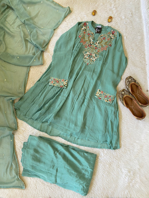 Premium Short Kurti Suit. Full Sleeve Chinnon Short Kurti With Full Flair Palazzo And Dupatta. Silk Suit Sets For Women Online India. Shop the Latest Festive Summer Collection at Shivani Designer Kurti.