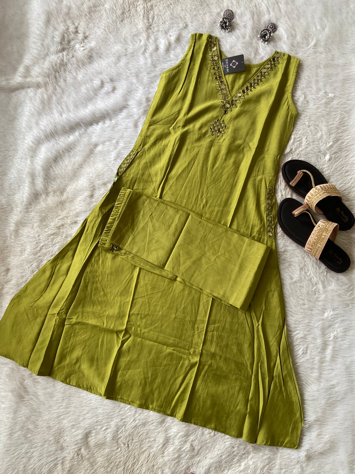 Sleeveless Aline Kurti With Mirror Work With Palazzo, Silk Aline Kurti Sets For Women