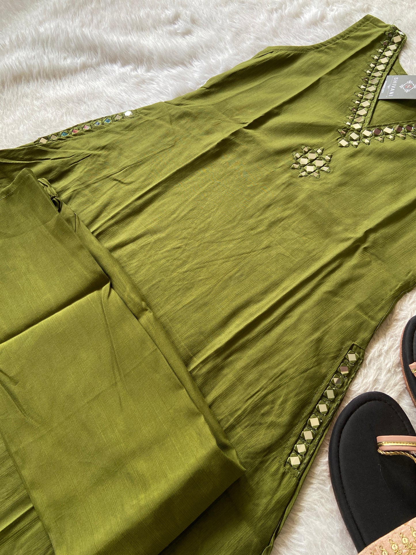 Sleeveless Aline Kurti With Mirror Work With Palazzo, Silk Aline Kurti Sets For Women