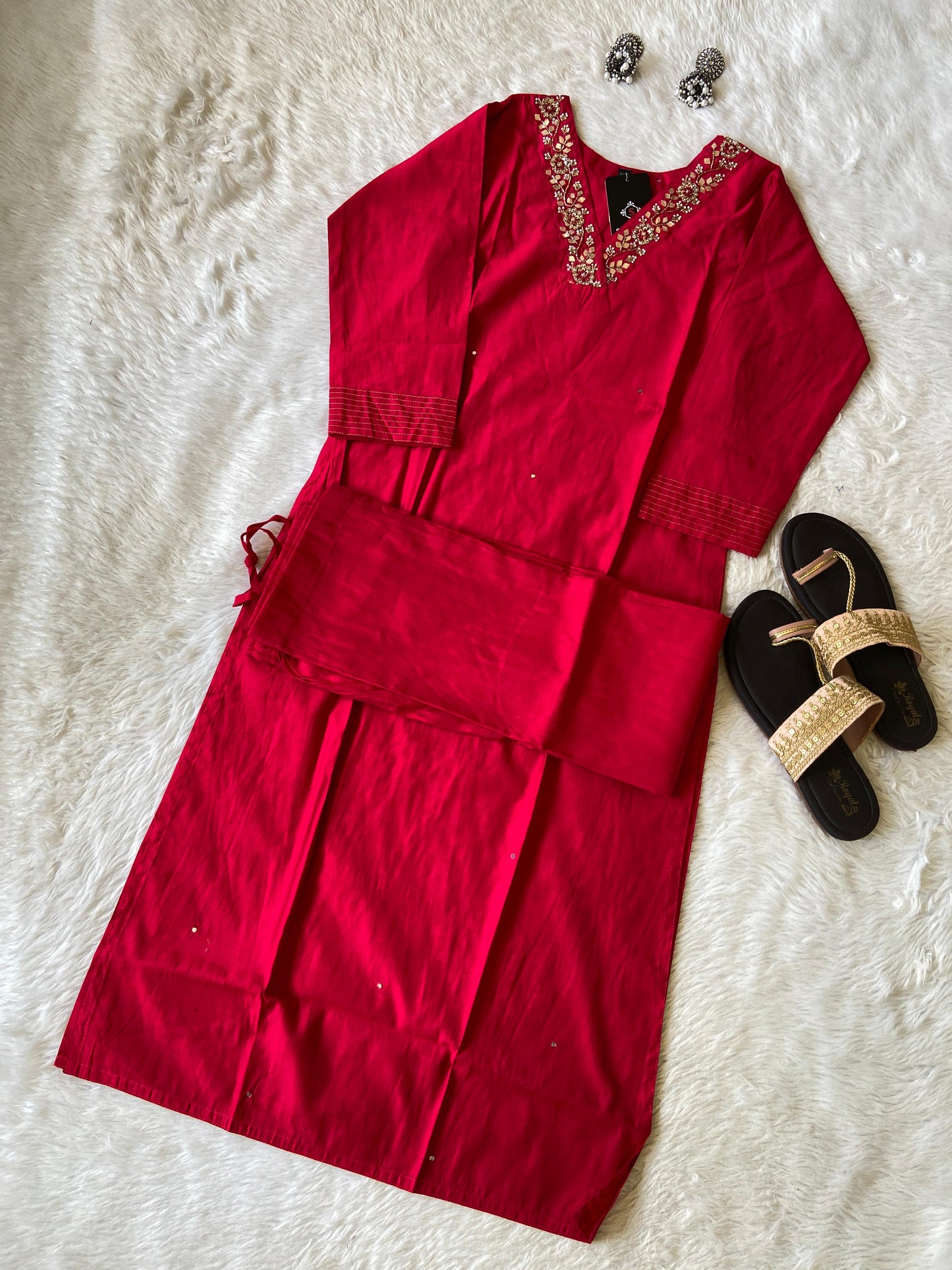 VNeck With Beautiful Handwork, StraightCut Kurti With Palazzo. Silk StraightCut Kurti Sets For Women