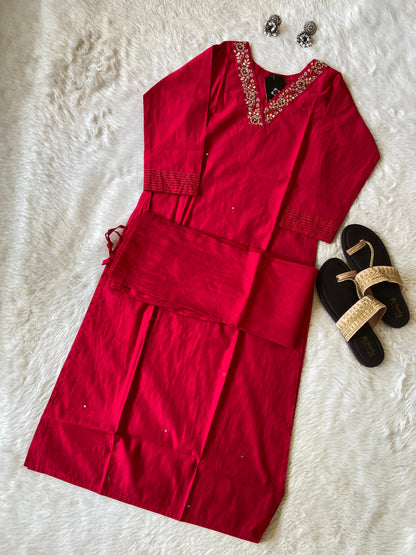 VNeck With Beautiful Handwork, StraightCut Kurti With Palazzo. Silk StraightCut Kurti Sets For Women