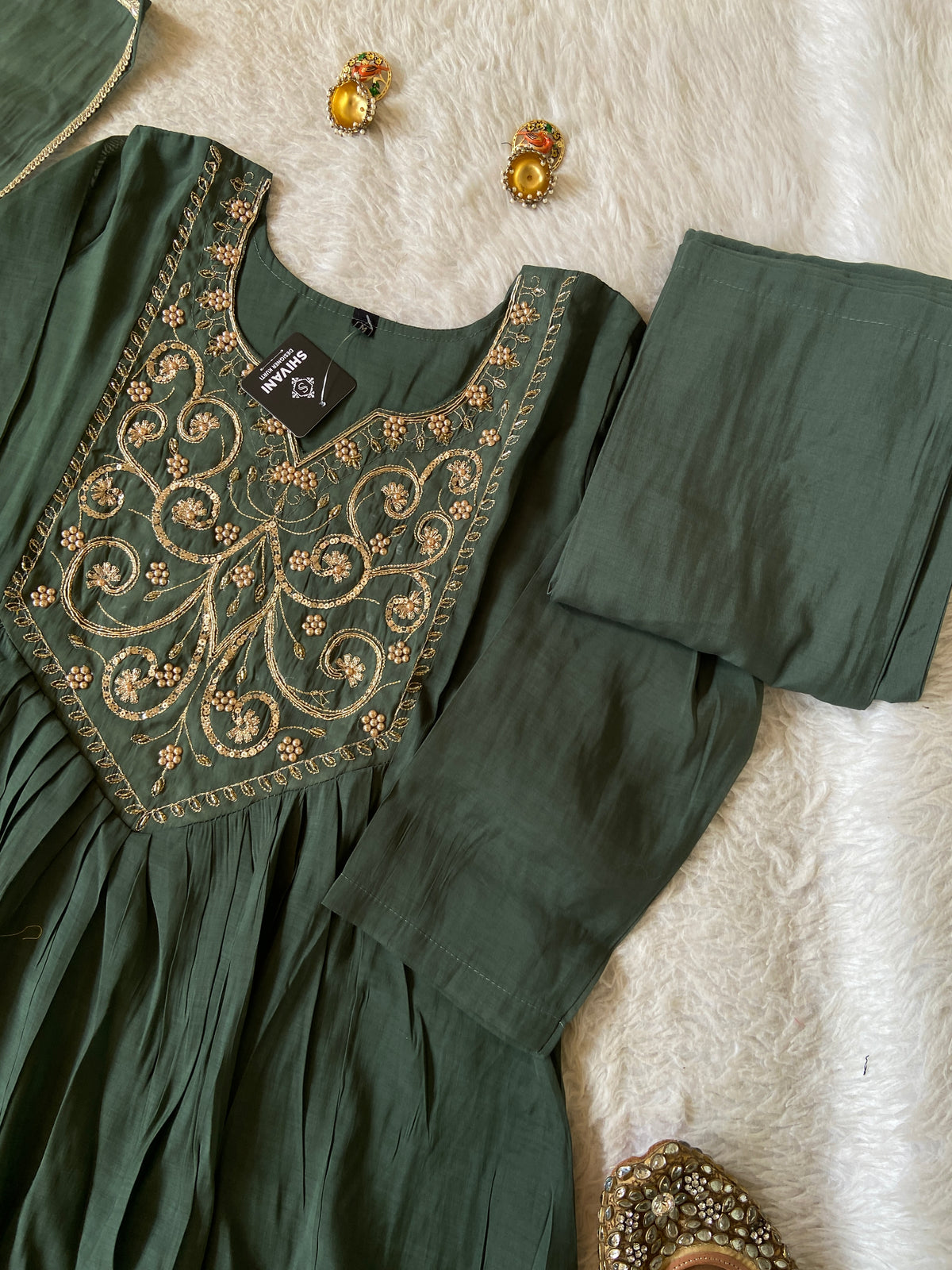 Embroidery Work Mul Chanderi ALine Kurti With Semi Palazzo And Dupatta. Silk Suit Sets For Women Online India. Shop the Latest Festive Summer Collection at Shivani Designer Kurti.
