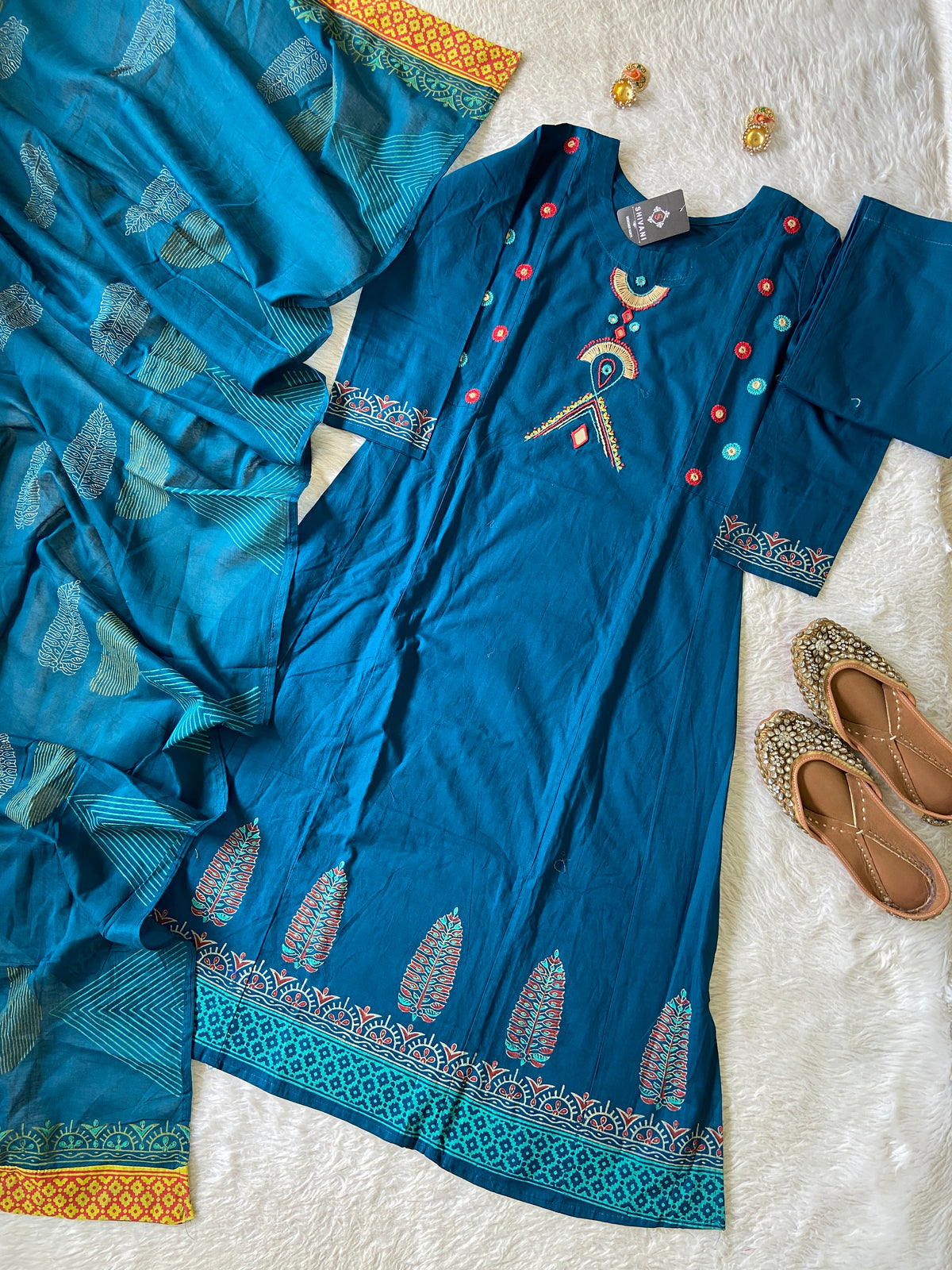 Cotton Hand Work Aline Kurti With Plain Palazzo And Block Printed Dupatta (Gamthi Pair). Cotton Suit Sets For Women Online India. Shop the Latest Festive Summer Collection at Shivani Designer Kurti.