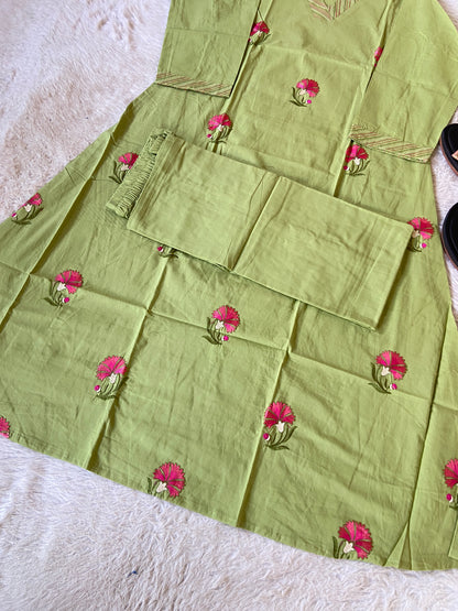Embroidery Work Cotton Aline Kurti With Full Flair Palazzo. Cotton Kurti Sets For Women Online India. Shop the Latest Festive Summer Collection at Shivani Designer Kurti.
