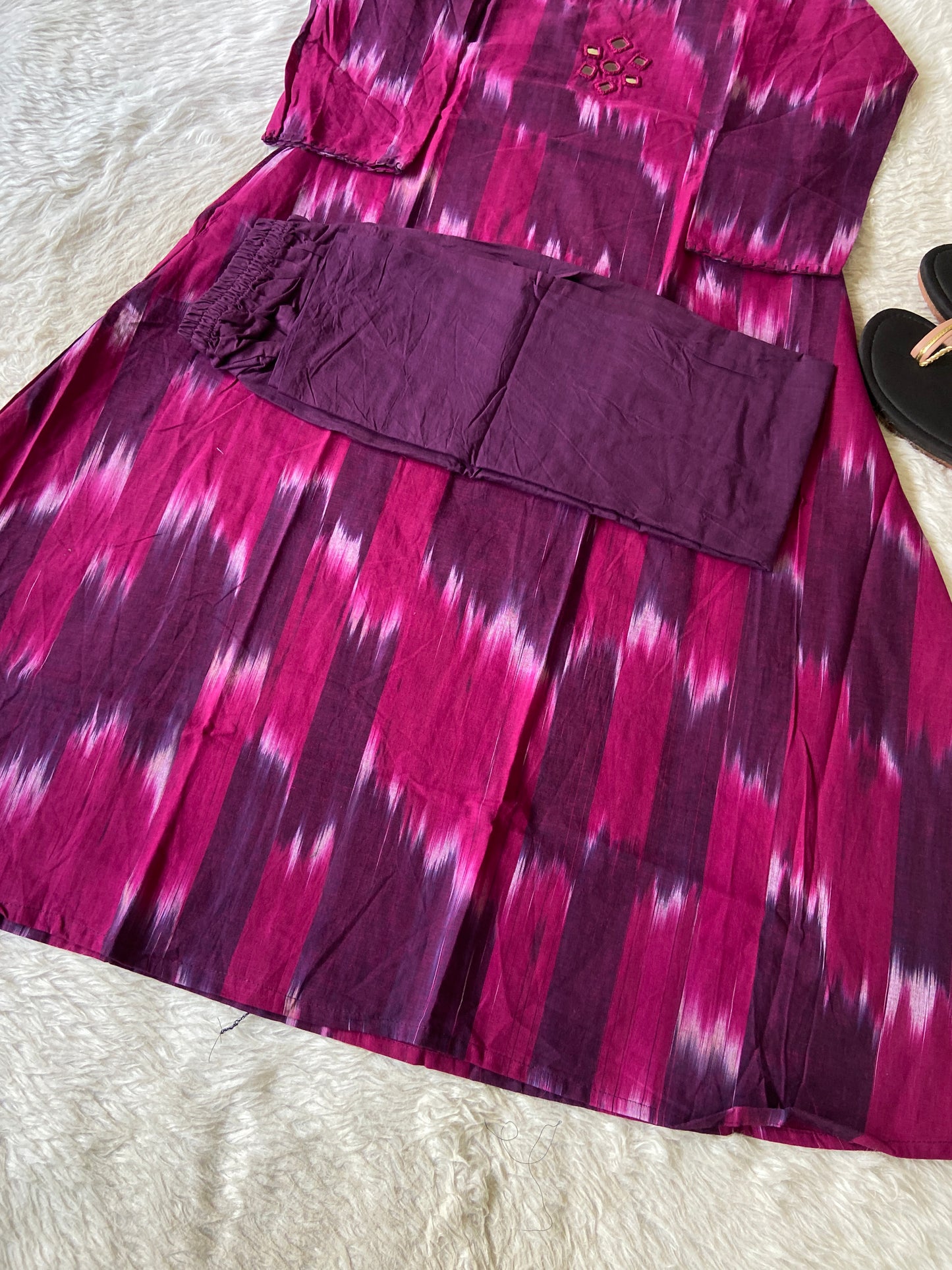 Ikkat Print Cotton Aline Kurti With Palazzo. Cotton Aline Kurti Sets For Women Online India. Shop the Latest Festive Summer Collection at Shivani Designer Kurti.
