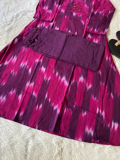 Ikkat Print Cotton Aline Kurti With Palazzo. Cotton Aline Kurti Sets For Women Online India. Shop the Latest Festive Summer Collection at Shivani Designer Kurti.