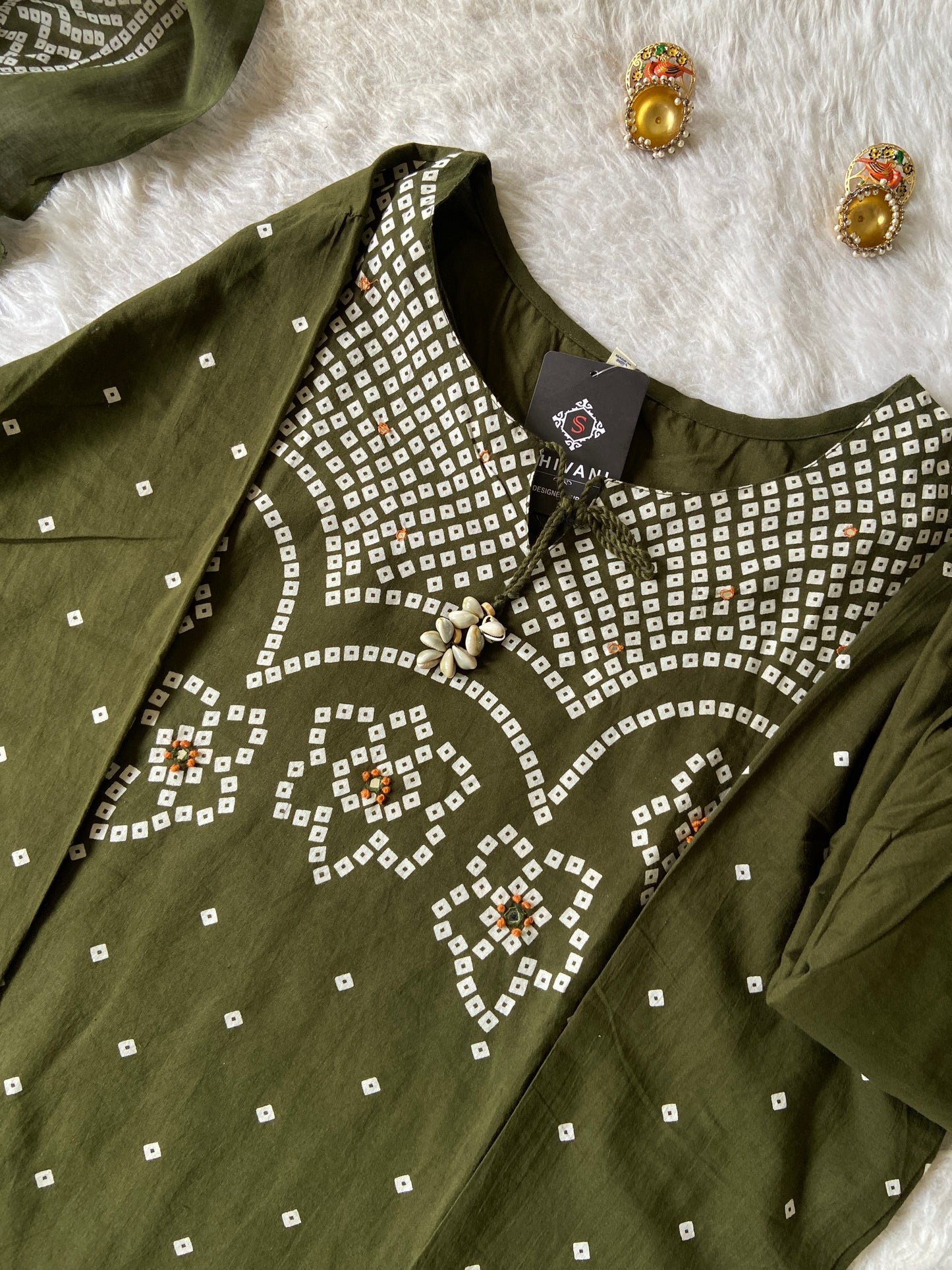 Bandani / Bandhej Print Cotton Aline Kurti With Palazzo And Dupatta.. Cotton Suit Sets For Women Online India. Shop the Latest Festive Summer Collection at Shivani Designer Kurti.