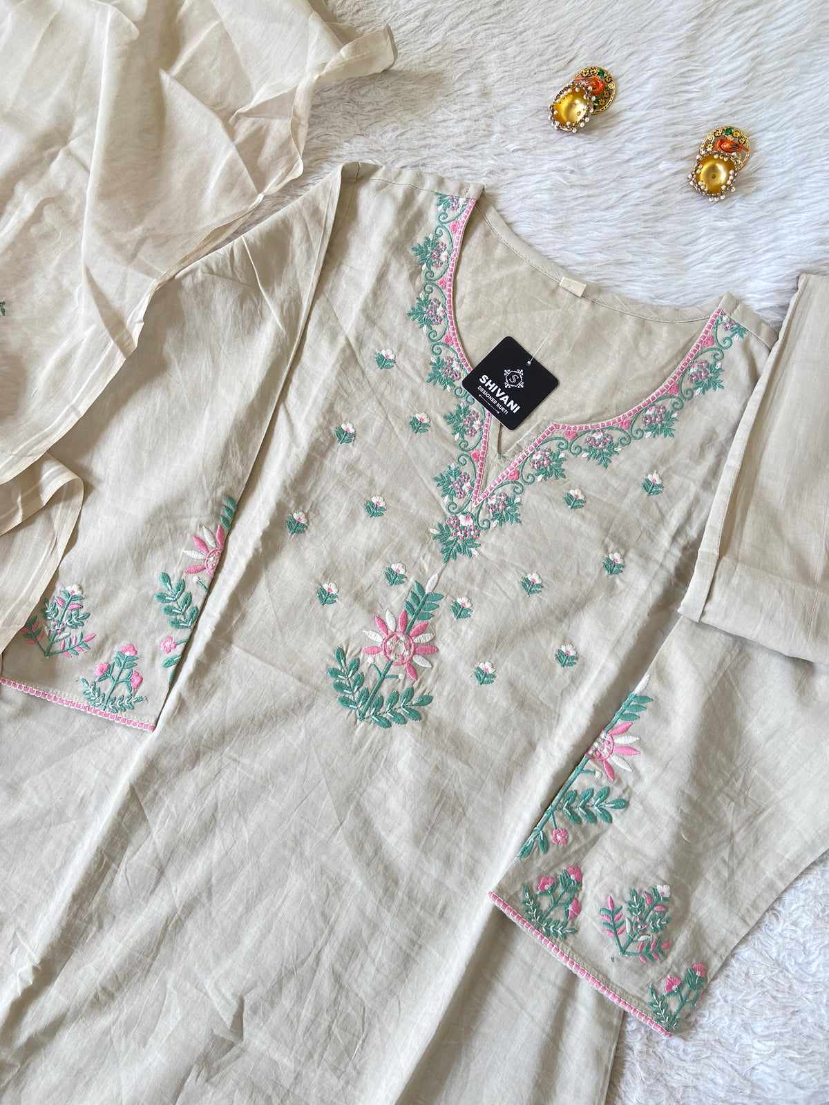 Embroidery Work Cotton Straight Cut Kurti With Pant And Dupatta. Cotton Suit Sets For Women Online India. Shop the Latest Festive Summer Collection at Shivani Designer Kurti.