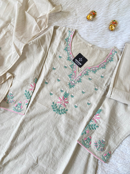 Embroidery Work Cotton Straight Cut Kurti With Pant And Dupatta. Cotton Suit Sets For Women Online India. Shop the Latest Festive Summer Collection at Shivani Designer Kurti.
