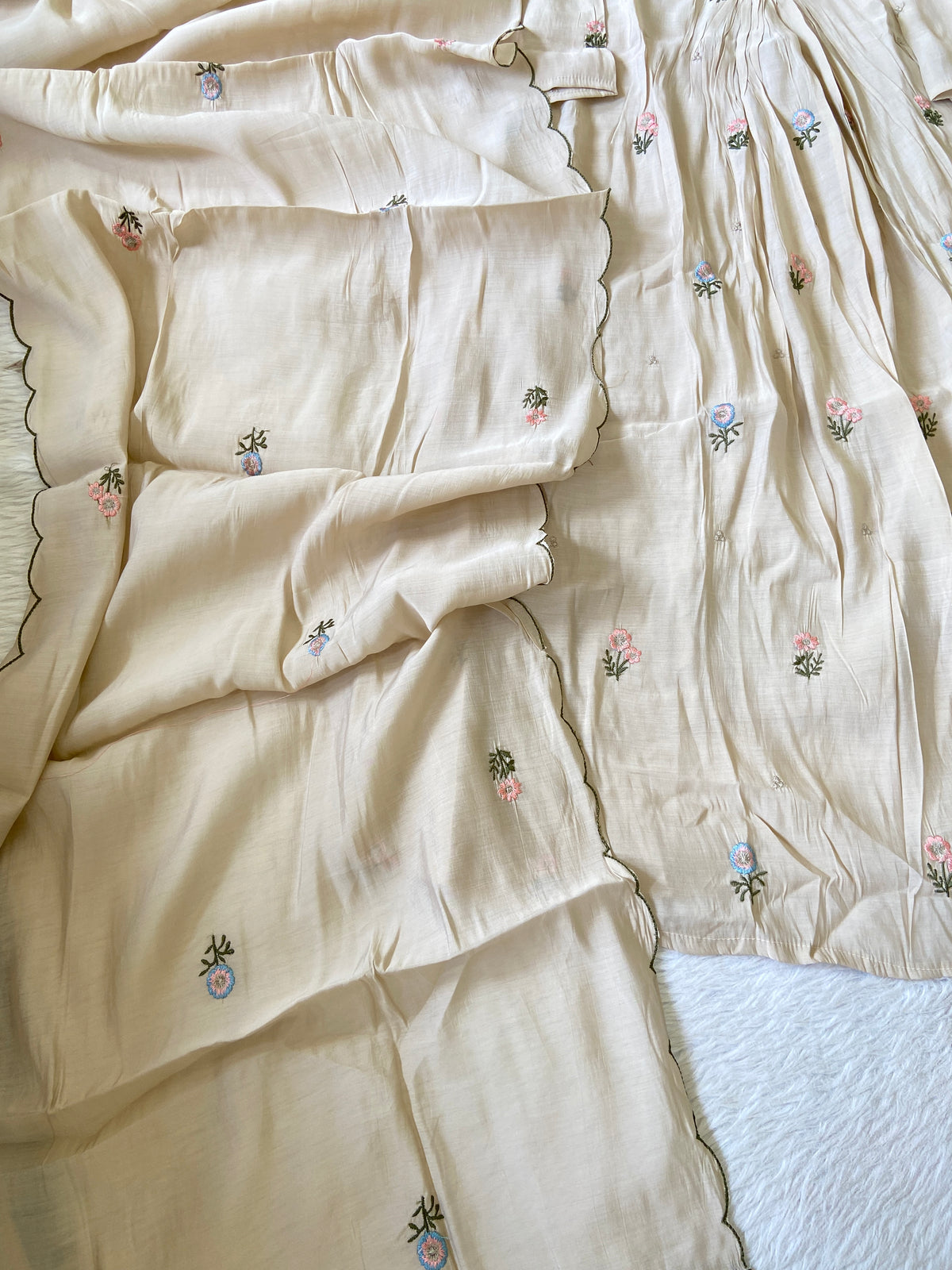 Mirror Work V-Neck With Flower Work Embroidery, Aline Kurti (Full Lining) With Pant And Dupatta. Silk Suit Sets For Women Online India. Shop the Latest Festive Summer Collection at Shivani Designer Kurti.