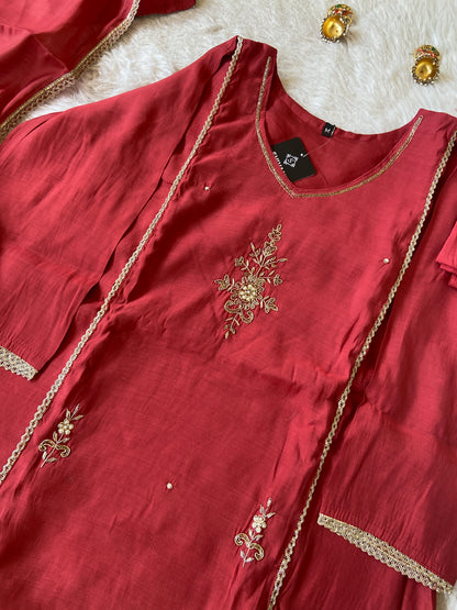 HandWork Work Mul Chanderi ALine Kurti With Semi Palazzo And Dupatta. Silk Suit Sets For Women Online India. Shop the Latest Festive Summer Collection at Shivani Designer Kurti.
